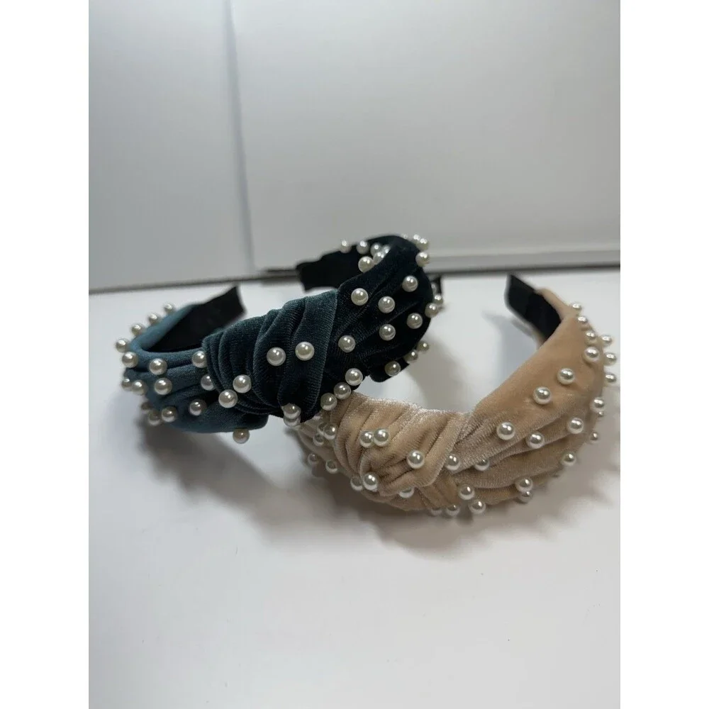 Velvet Top Knot Faux Pearl Embellished Headband Bundle Lot Of 2 Cream & Teal New